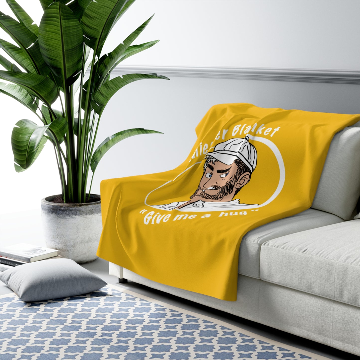 Yellow Fleece Throw – Miester Blanket “Give me a hug” – 150x130cm